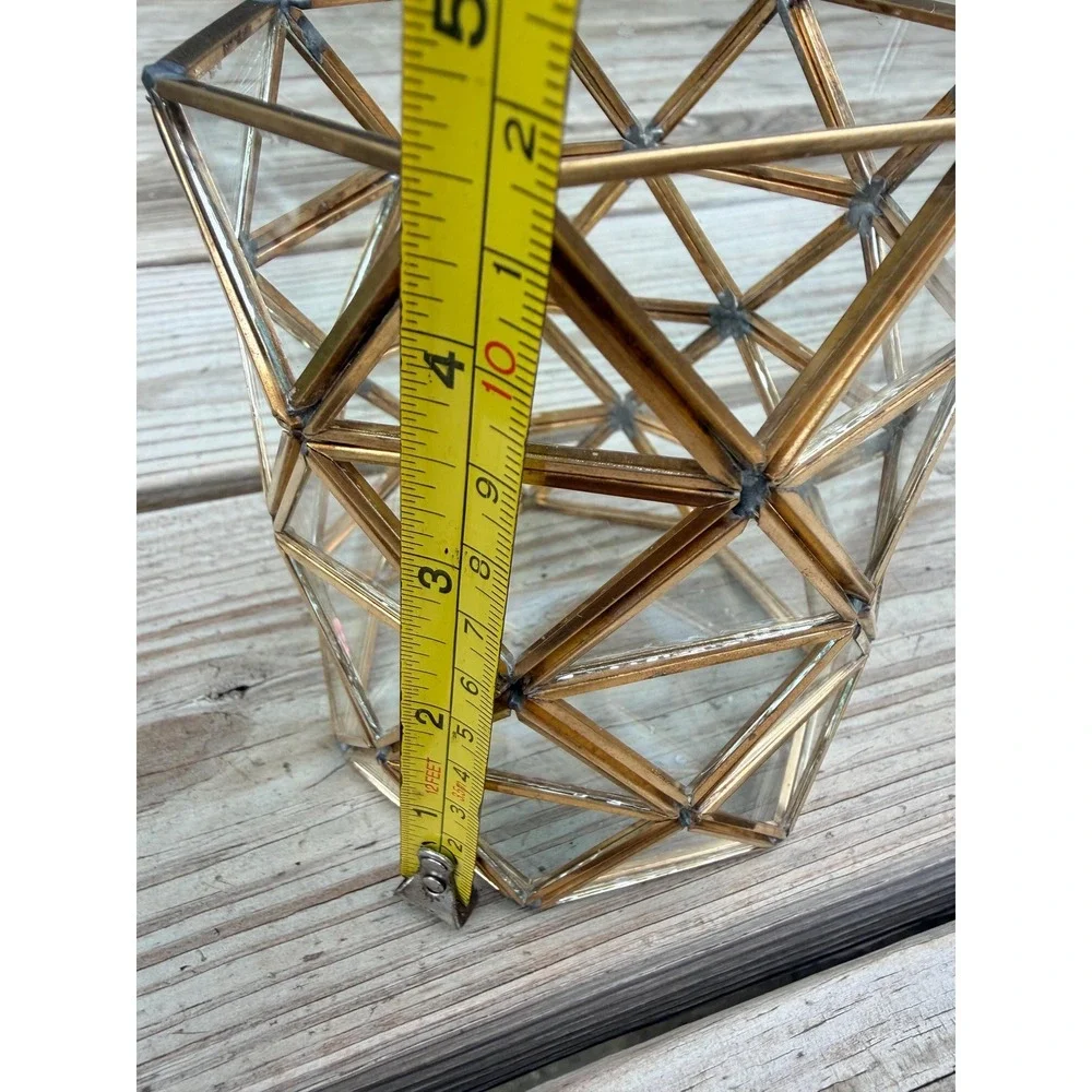 Brass Geometric Votive Holder, Faceted Glass Lantern, Modern Boho Decor